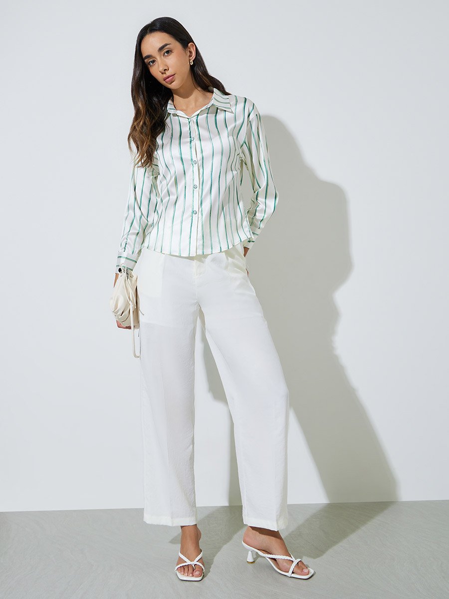 Off White Striped Long Sleeve Satin Shirt