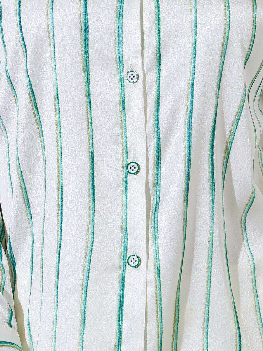 Off White Striped Long Sleeve Satin Shirt