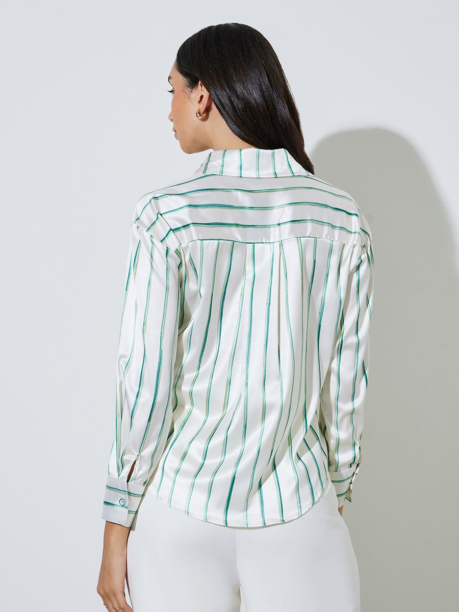 Off White Striped Long Sleeve Satin Shirt