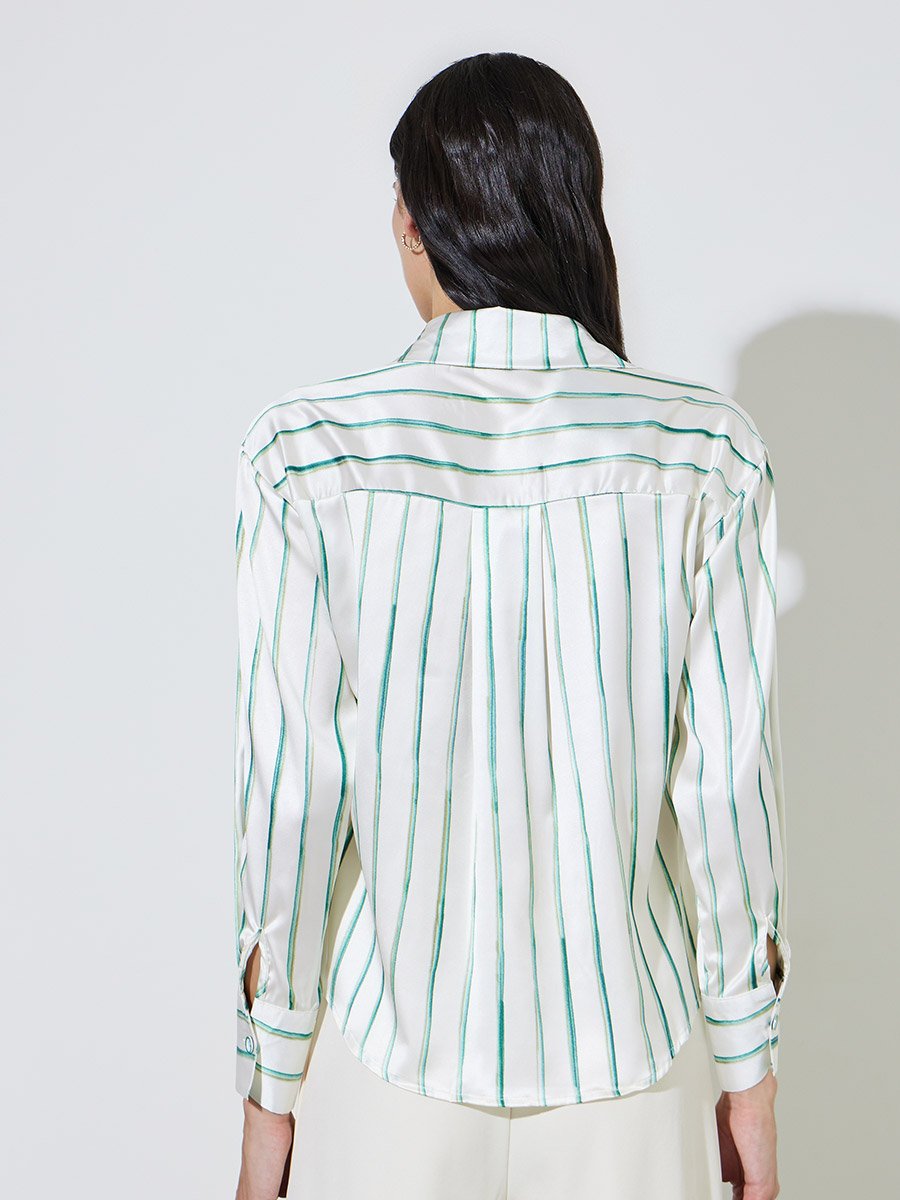 Off White Striped Long Sleeve Satin Shirt