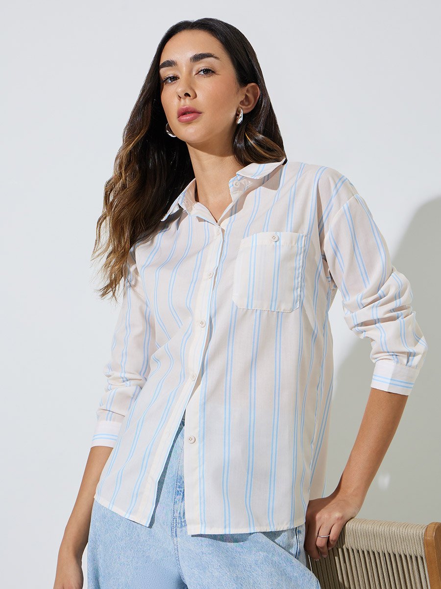 Cream Striped Casual Shirt