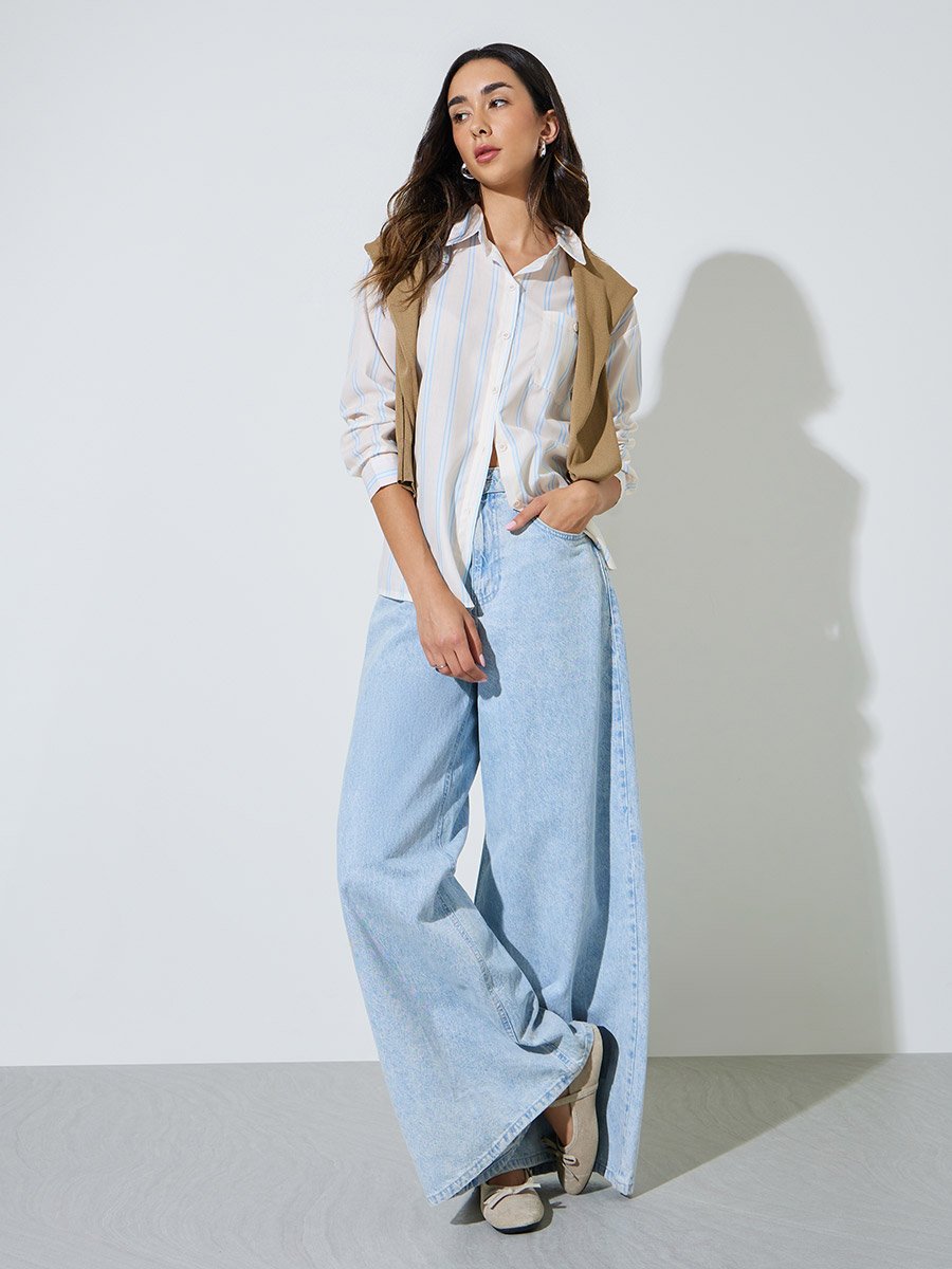 Cream Striped Casual Shirt