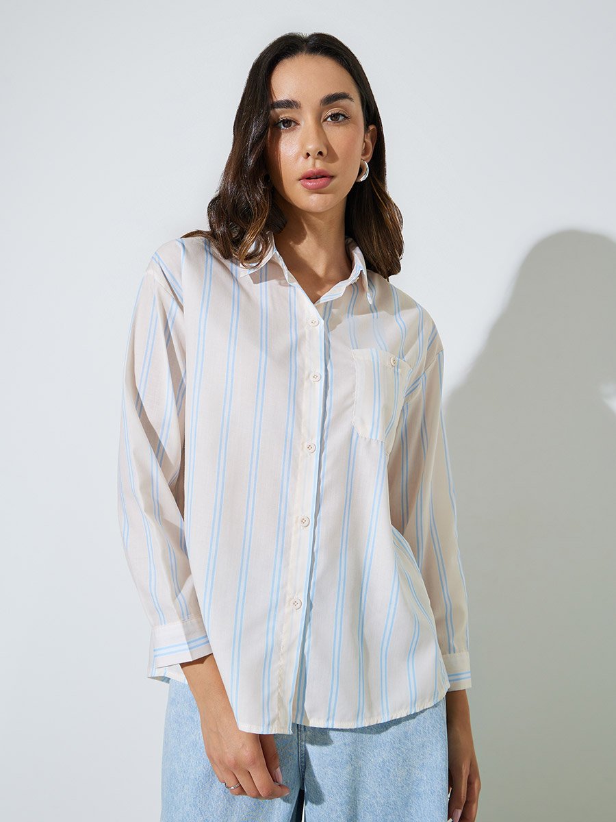 Cream Striped Casual Shirt