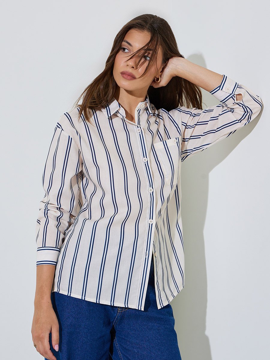 Cream Striped Longline Shirt with Long Sleeves