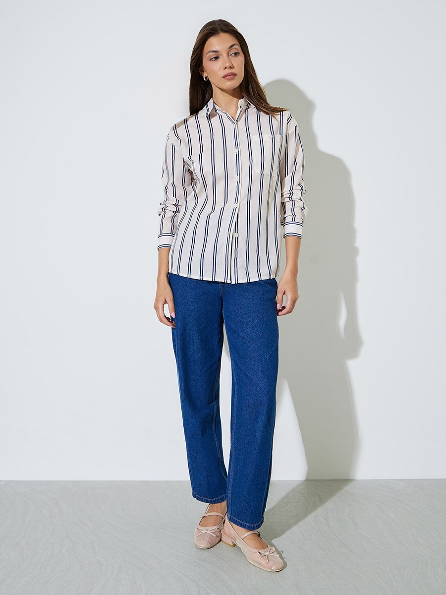 Cream Striped Longline Shirt with Long Sleeves