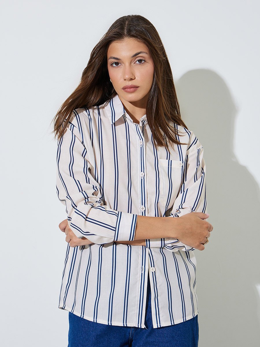 Cream Striped Longline Shirt with Long Sleeves