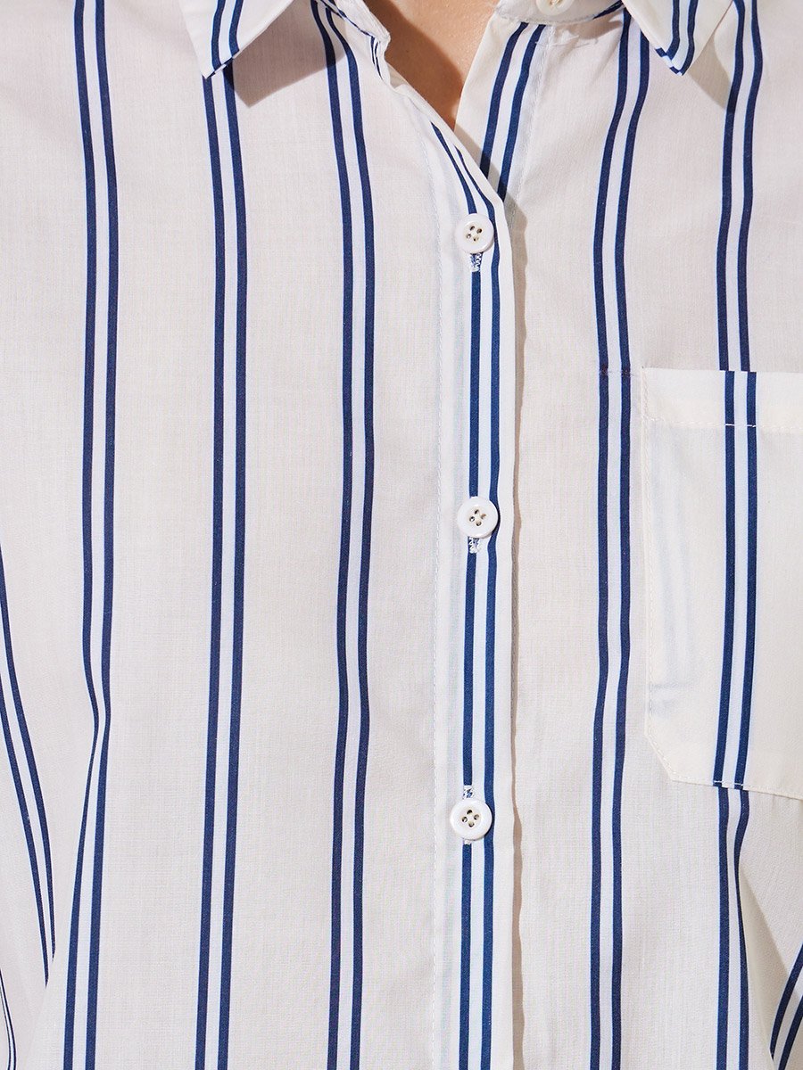 Cream Striped Longline Shirt with Long Sleeves