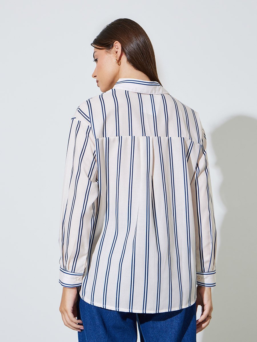 Cream Striped Longline Shirt with Long Sleeves