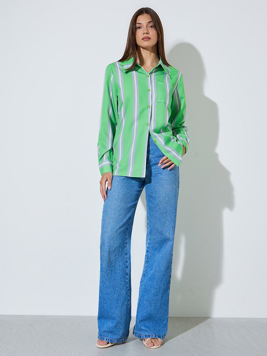 Green Striped Long Sleeve Regular Fit Shirt