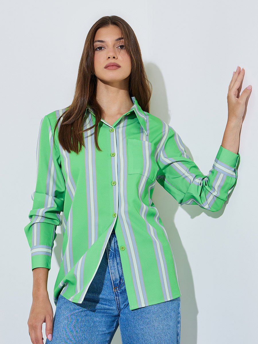 Green Striped Long Sleeve Regular Fit Shirt