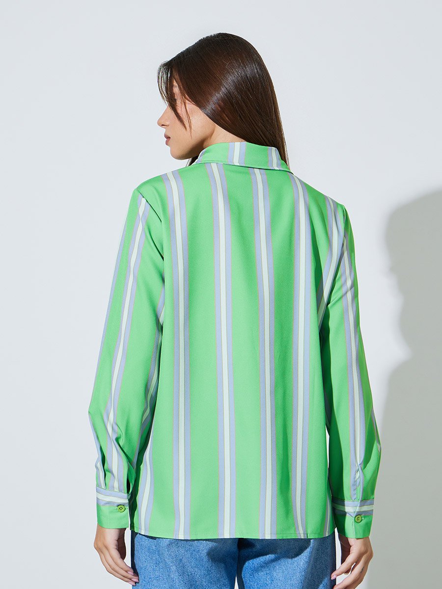 Green Striped Long Sleeve Regular Fit Shirt