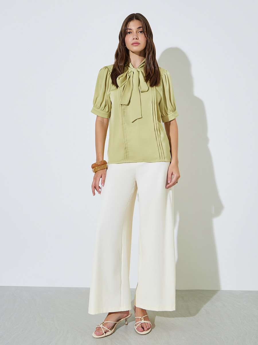 Green Solid Tie-Up Neck Blouse with Pintuck Detail