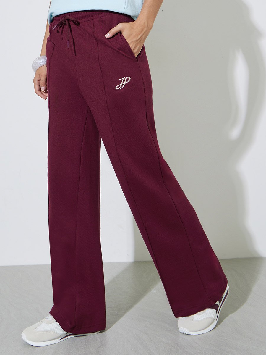 Burgundy Solid Wide Leg Pants with Pockets