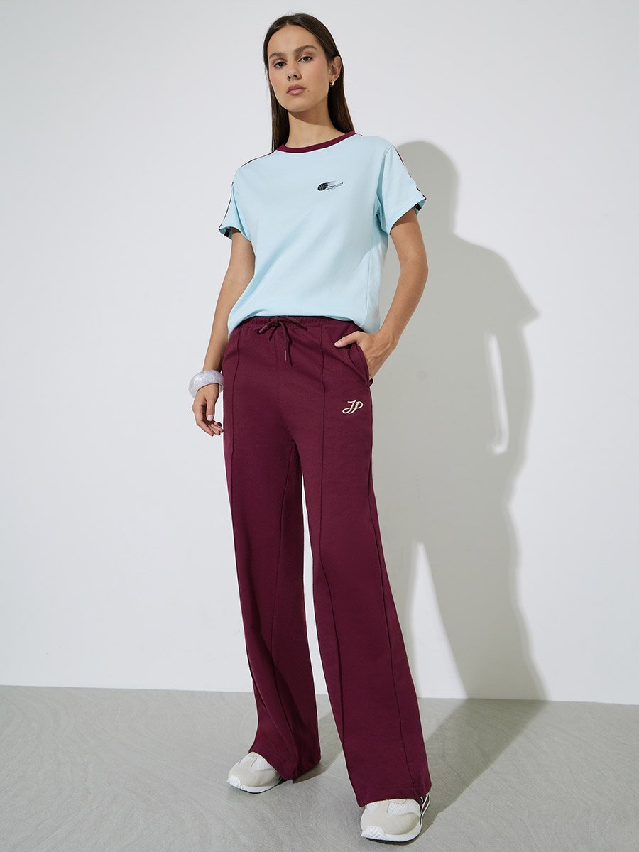 Burgundy Solid Wide Leg Pants with Pockets