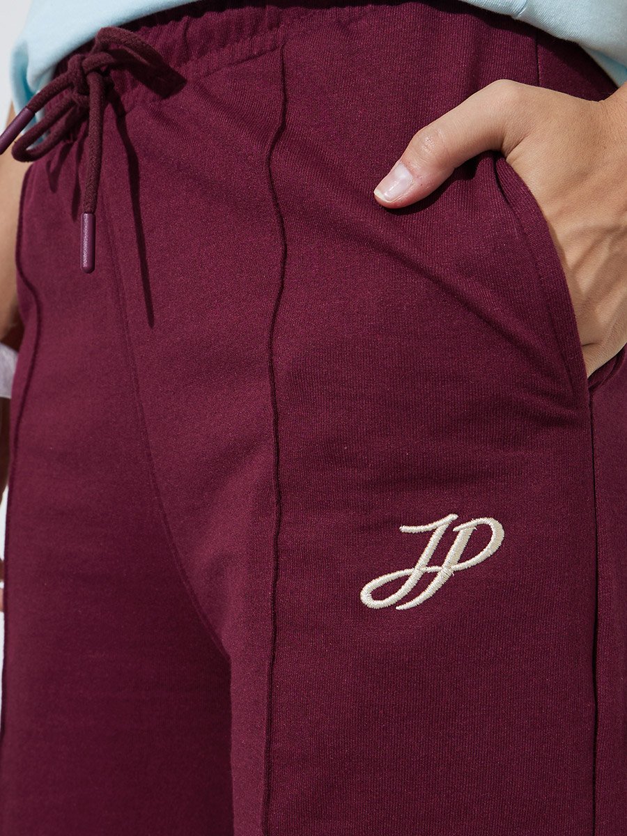 Burgundy Solid Wide Leg Pants with Pockets
