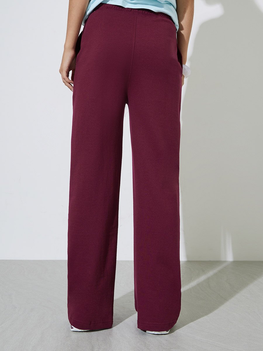Burgundy Solid Wide Leg Pants with Pockets