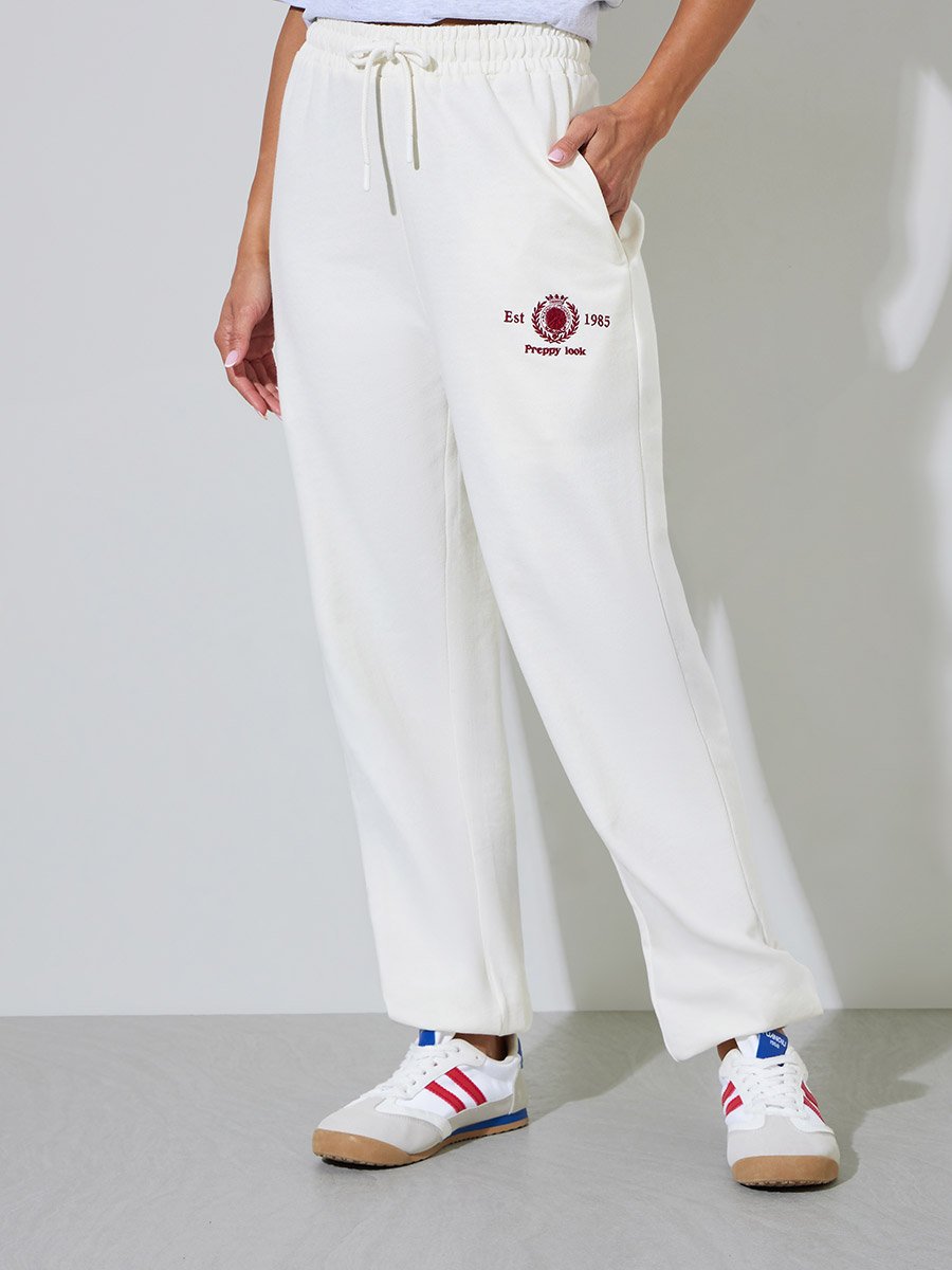 Off White Embroidered Wide leg Joggers