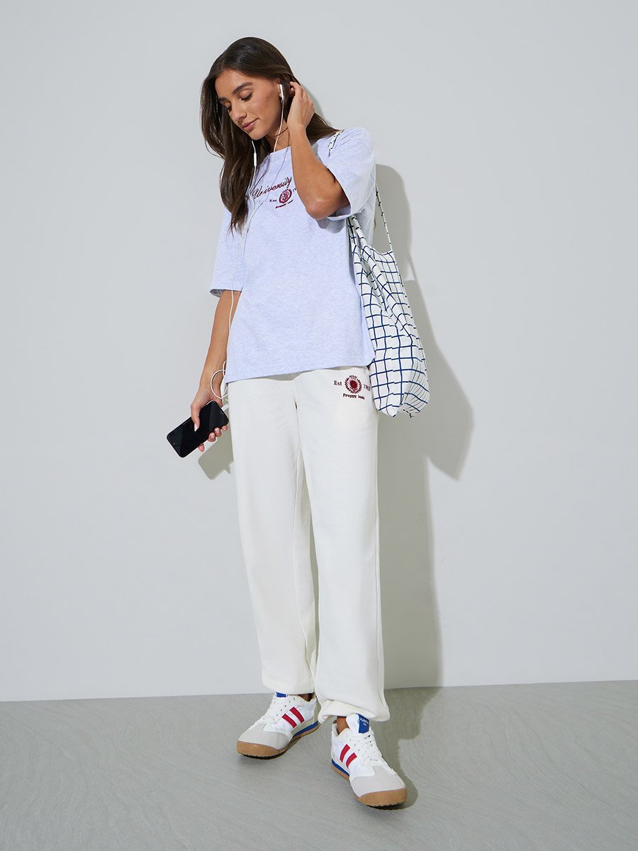 Off White Embroidered Wide leg Joggers