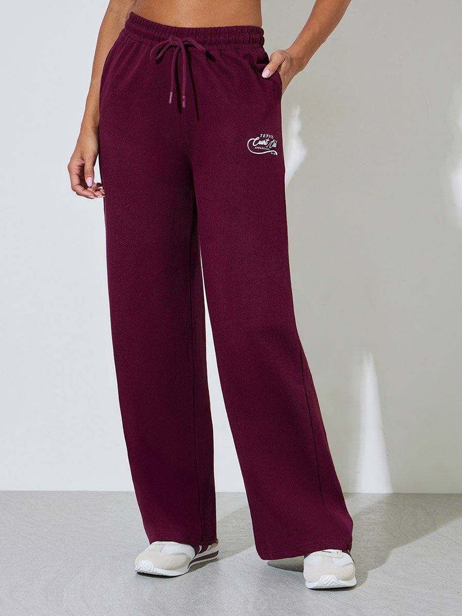 Burgundy Slogan Print Wide Leg Joggers