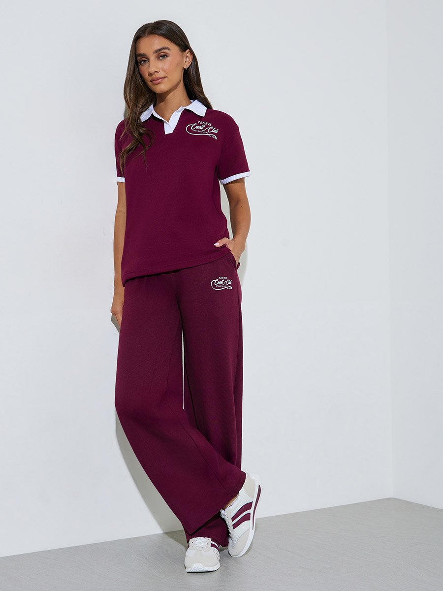 Burgundy Slogan Print Wide Leg Joggers