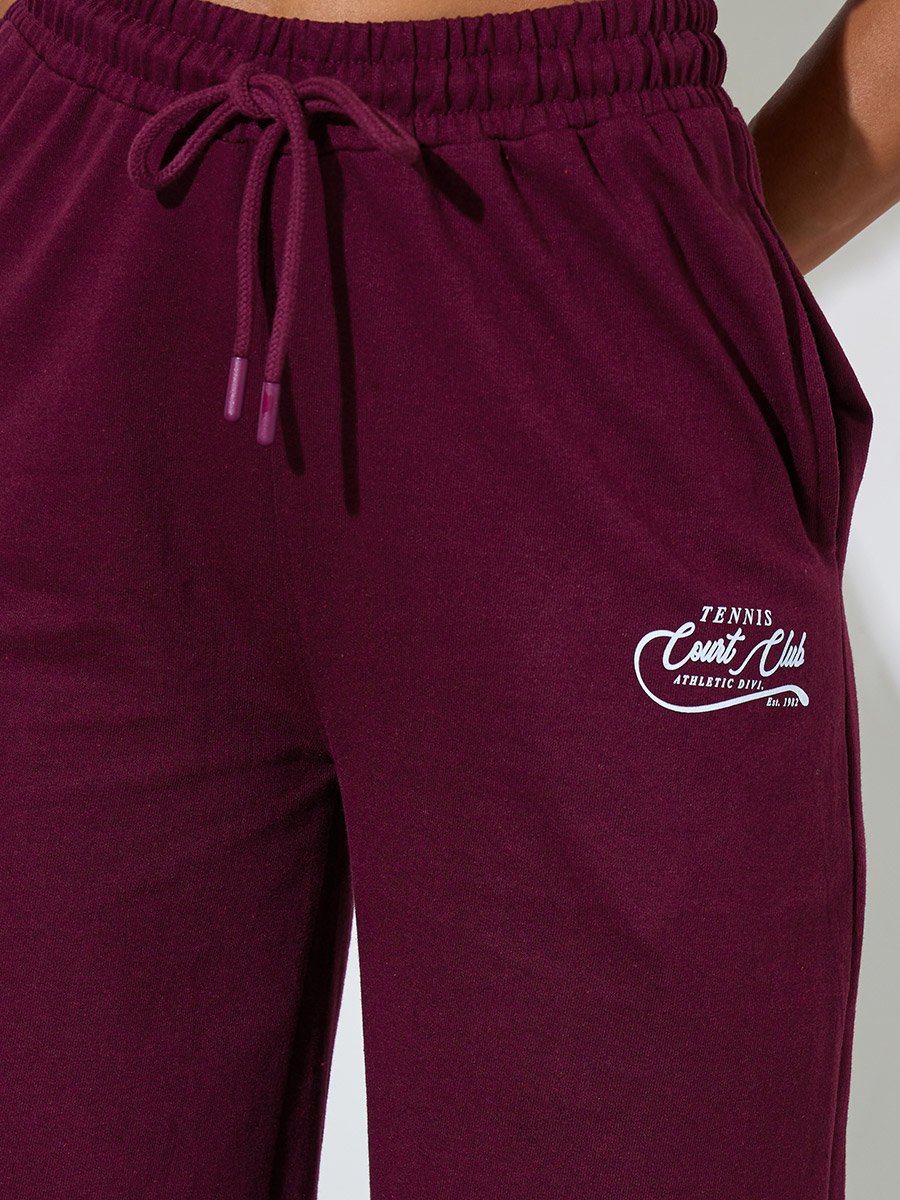 Burgundy Slogan Print Wide Leg Joggers