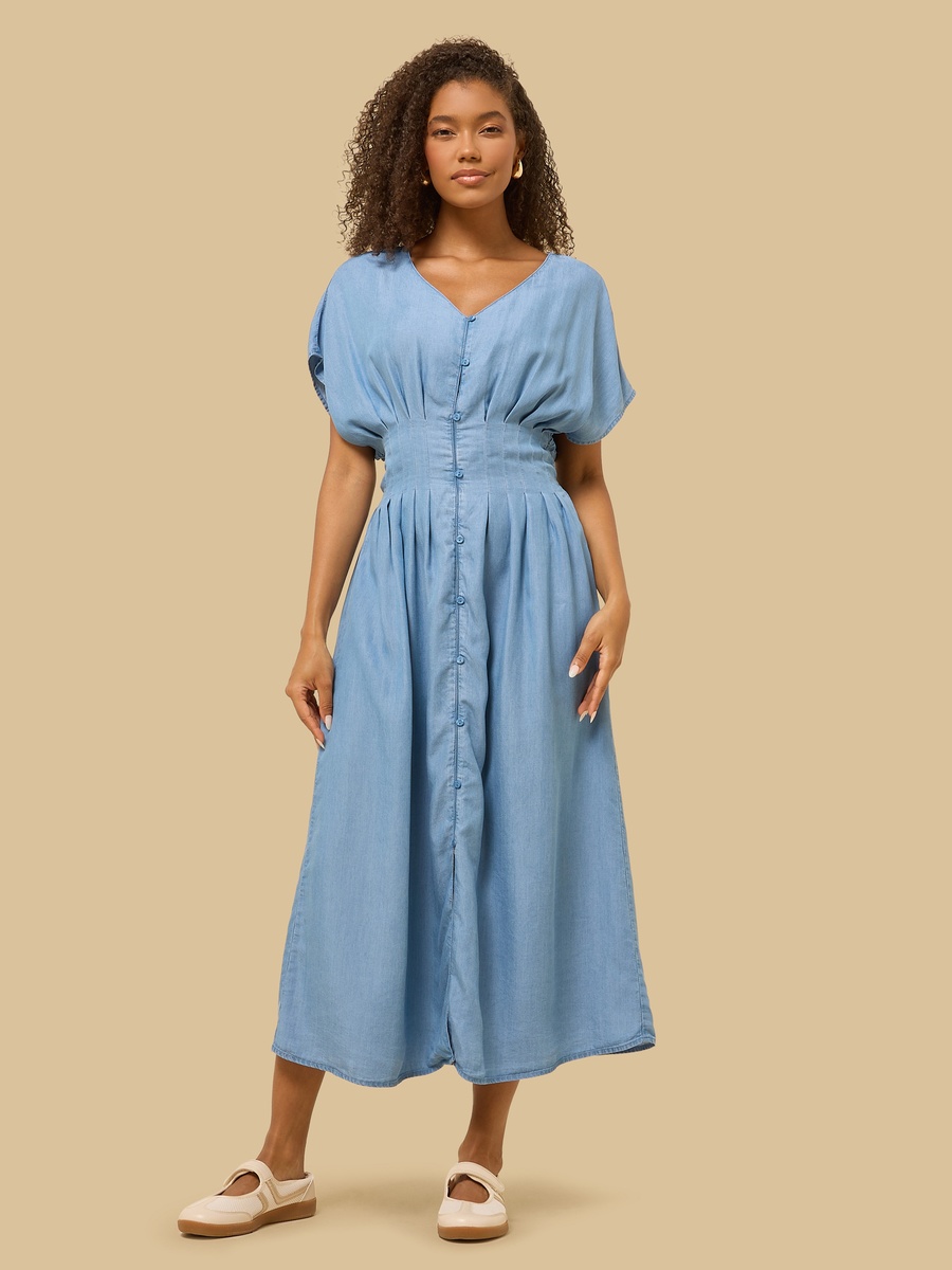 Denim Dress with V Neck