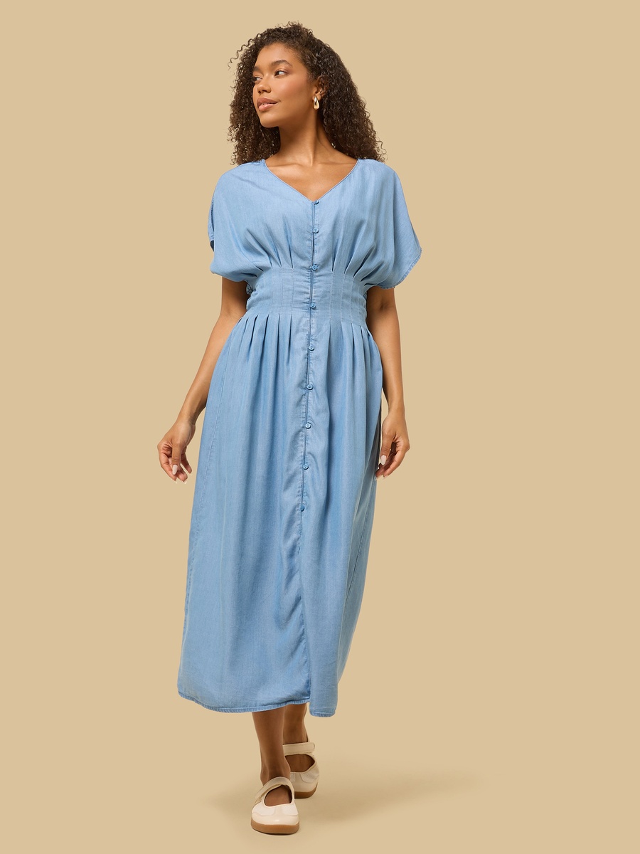 Denim Dress with V Neck