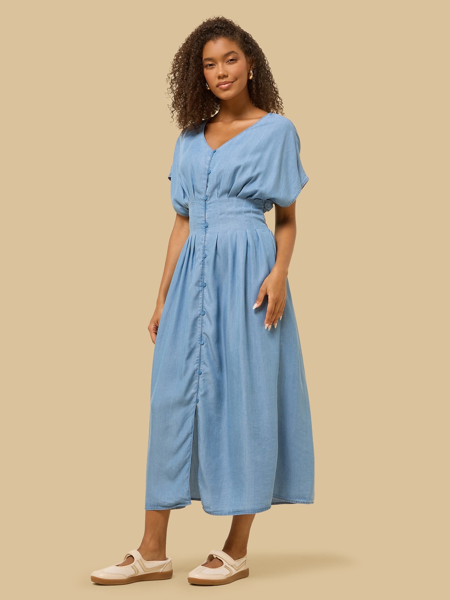 Denim Dress with V Neck