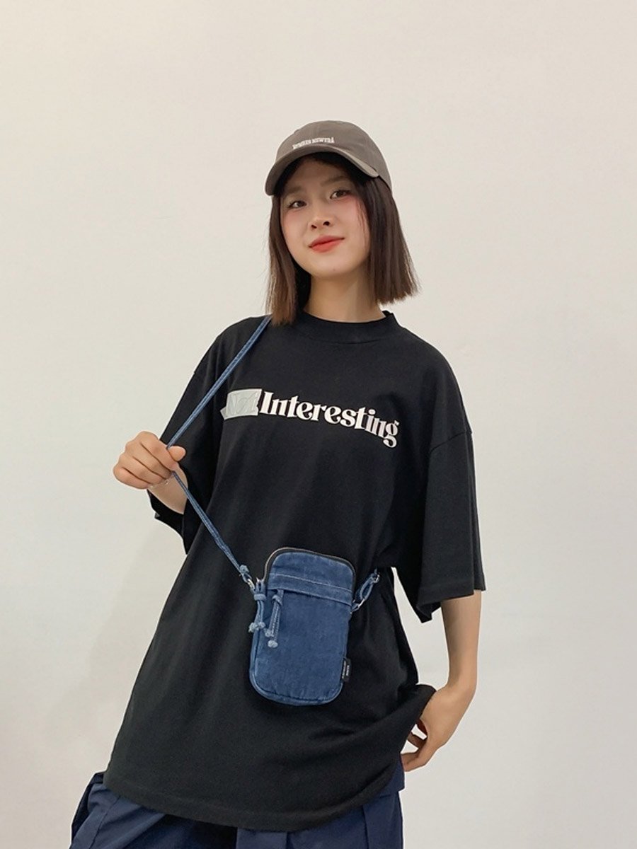 Dark Blue Denim Crossbody Bag with Zip