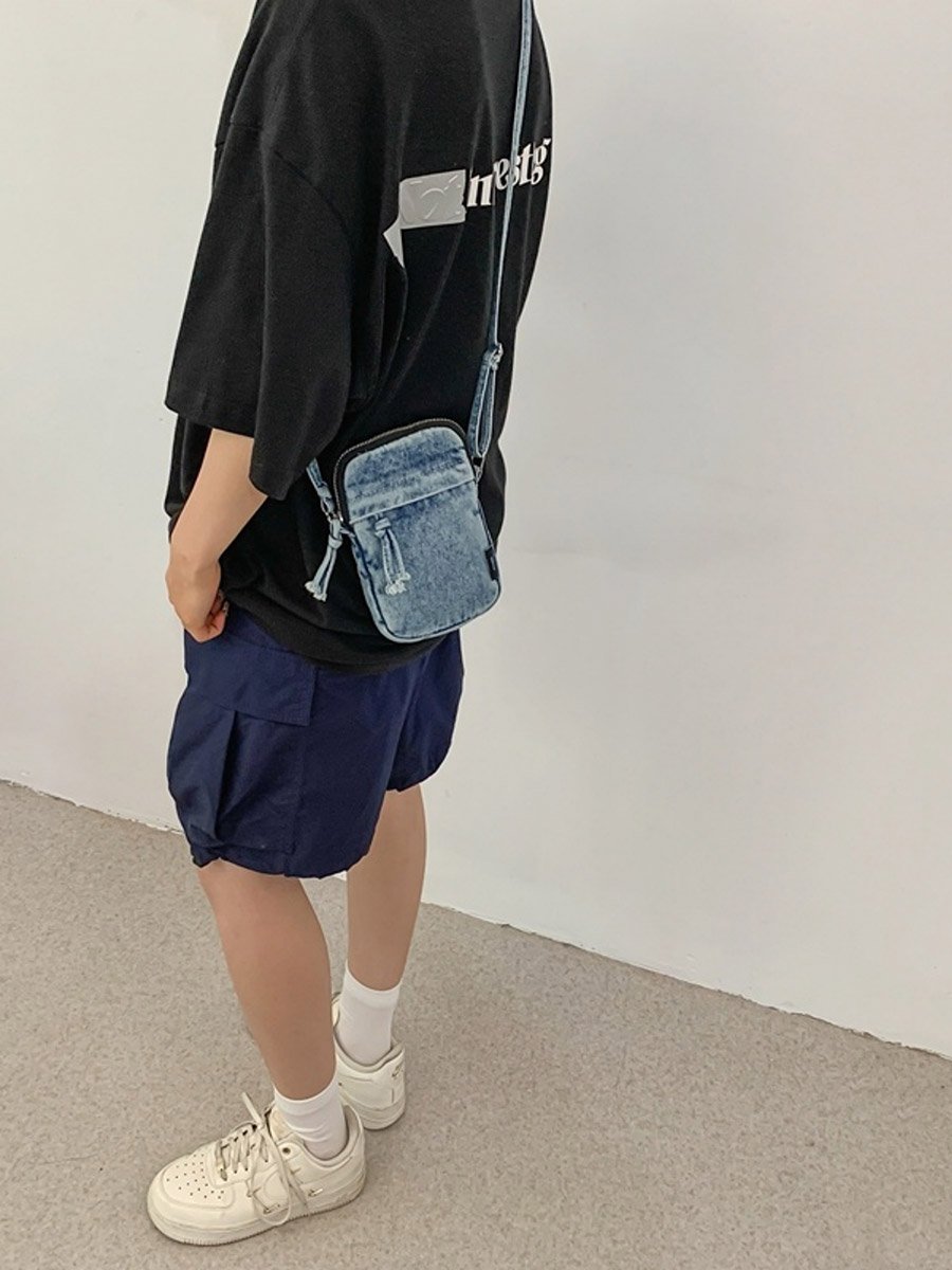 Blue Denim Crossbody Bag with Zip