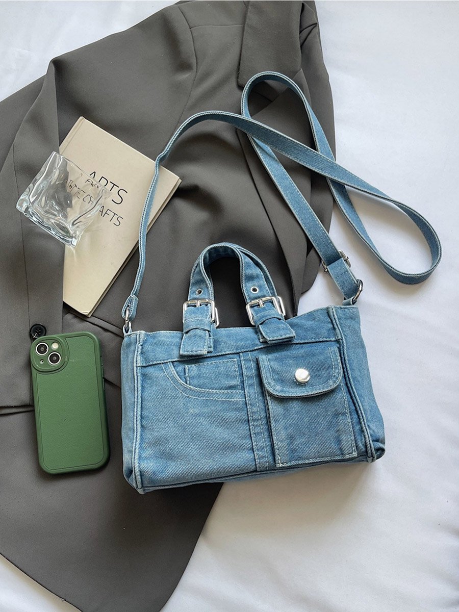 Blue Denim Handbag with Flap Pocket