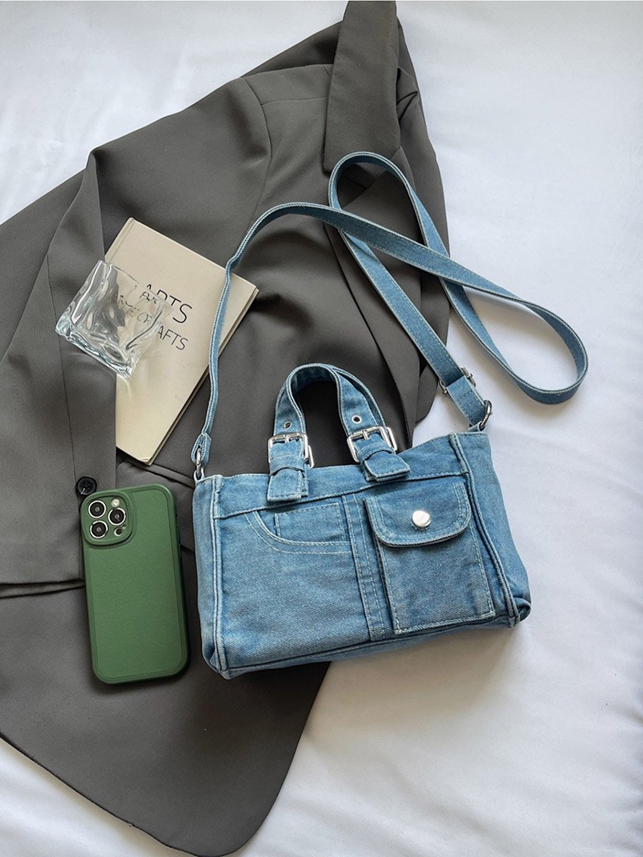 Blue Denim Handbag with Flap Pocket