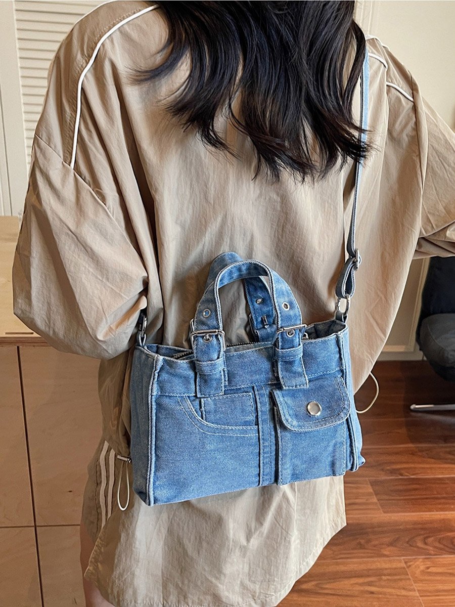 Blue Denim Handbag with Flap Pocket