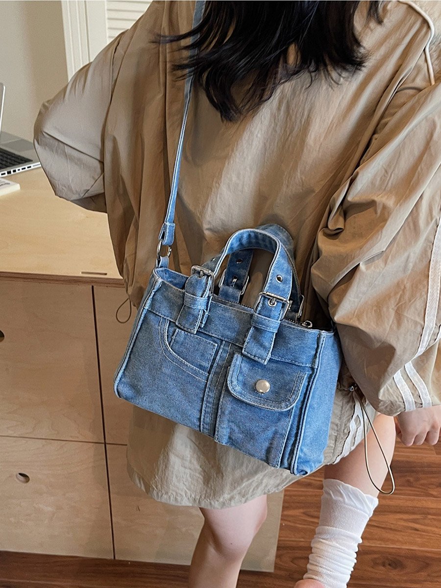 Blue Denim Handbag with Flap Pocket