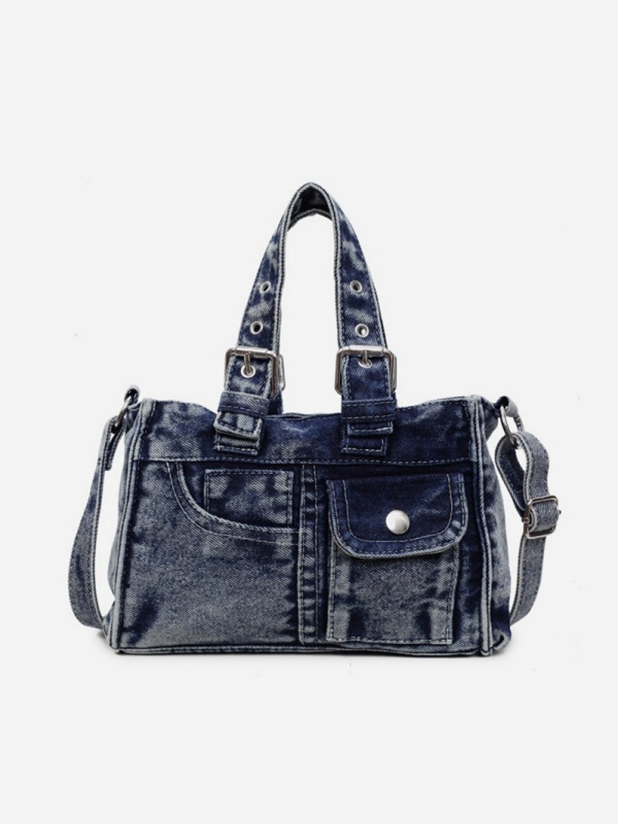Blue Denim Handbag with Flap Pocket