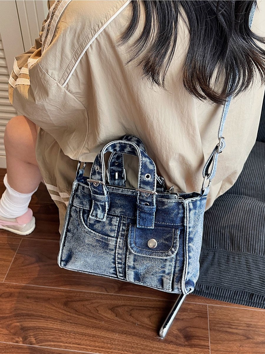 Blue Denim Handbag with Flap Pocket