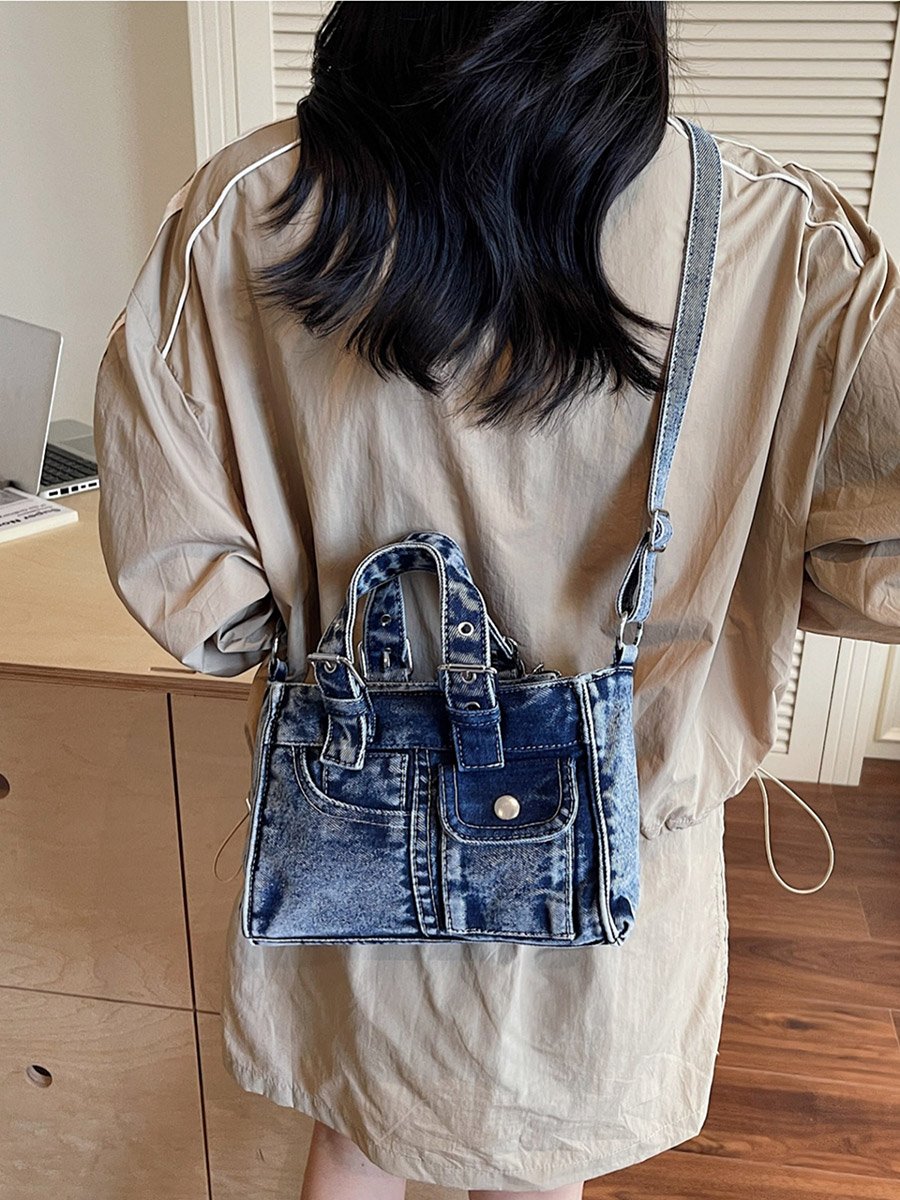 Blue Denim Handbag with Flap Pocket
