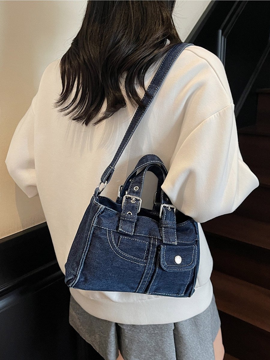 Dark Blue Denim Handbag with Flap Pocket