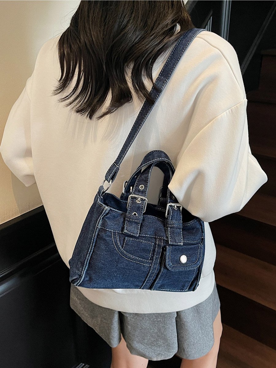 Dark Blue Denim Handbag with Flap Pocket