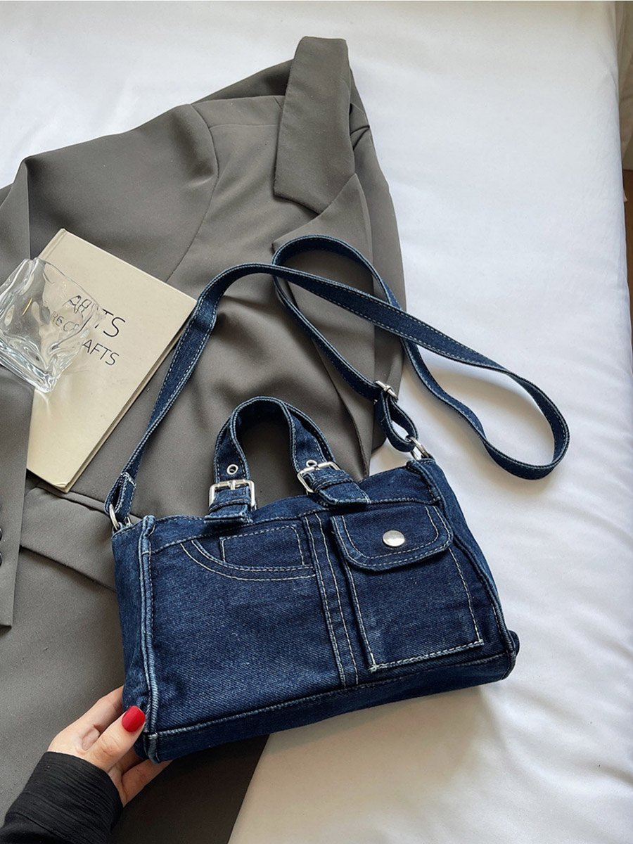 Dark Blue Denim Handbag with Flap Pocket