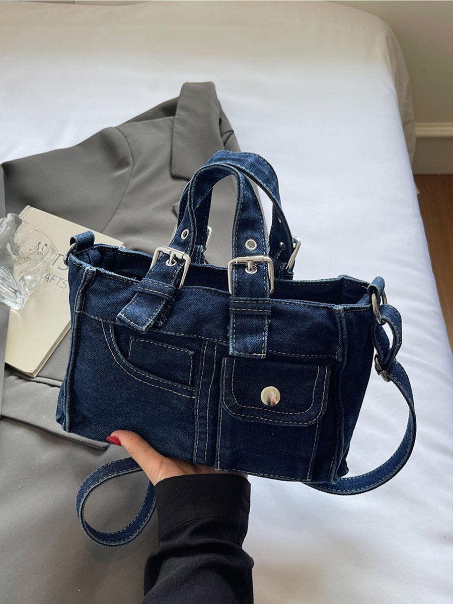 Dark Blue Denim Handbag with Flap Pocket