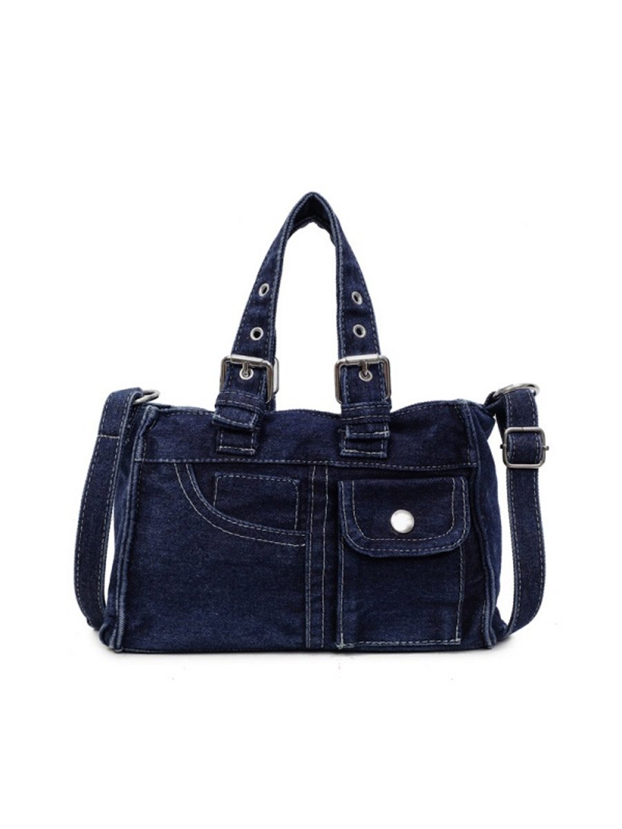 Dark Blue Denim Handbag with Flap Pocket