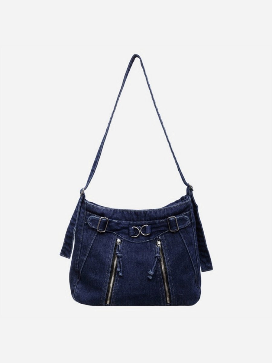 Dark Blue Denim Shoulder Bag with Zip Detail