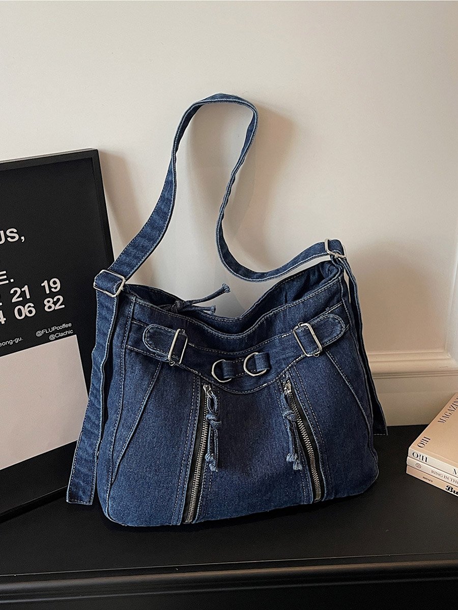 Dark Blue Denim Shoulder Bag with Zip Detail