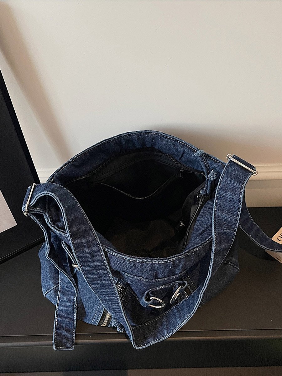 Dark Blue Denim Shoulder Bag with Zip Detail
