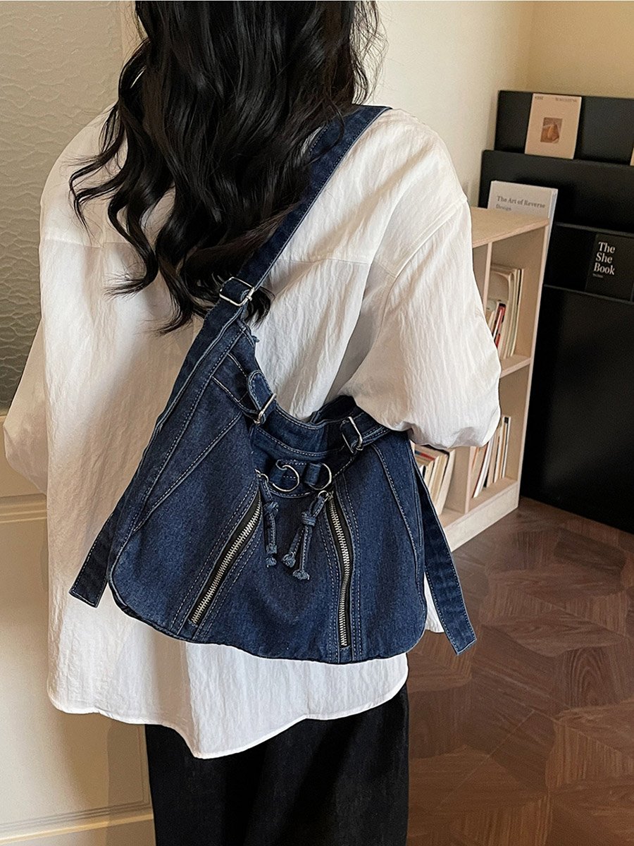 Dark Blue Denim Shoulder Bag with Zip Detail