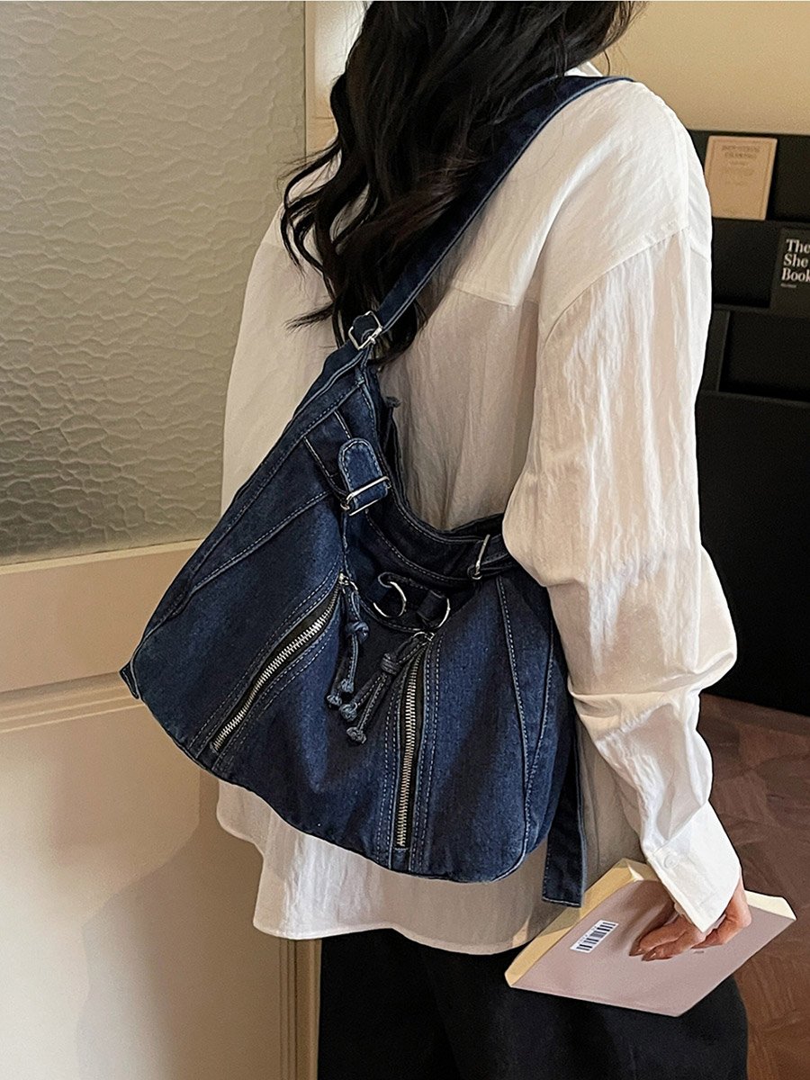Dark Blue Denim Shoulder Bag with Zip Detail