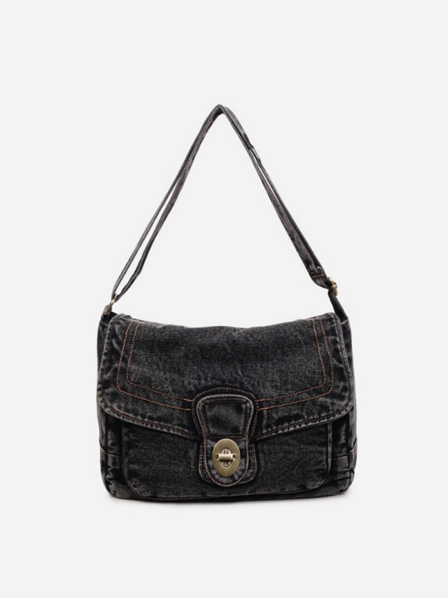 Black Denim Shoulder Bag with Turn-Lock