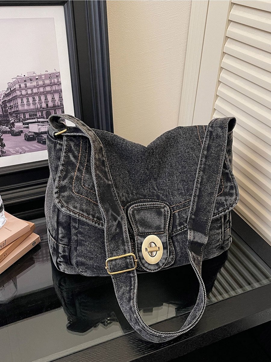 Black Denim Shoulder Bag with Turn-Lock