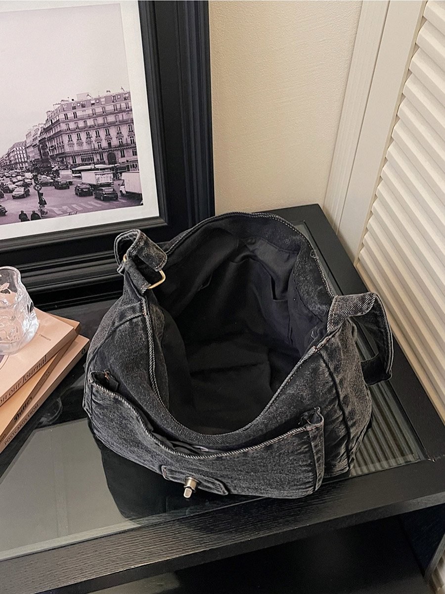 Black Denim Shoulder Bag with Turn-Lock